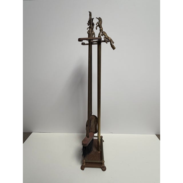 Metal Vintage Brass Unicorn MCM Fireplace Tool Set 3-Pc + Extra Topper 31” For Sale - Image 7 of 11