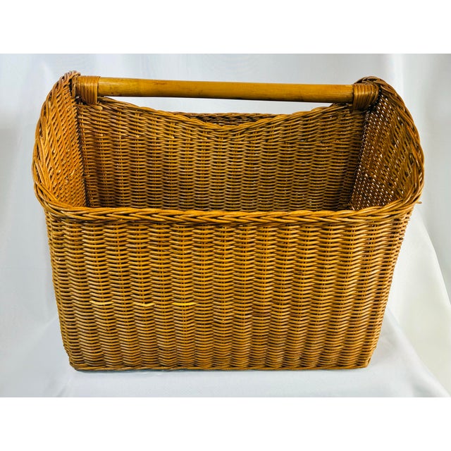 Farmhouse Vintage Large Handwoven Indonesian Rattan & Bamboo Market Basket With Divider For Sale - Image 3 of 11