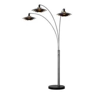 Rancho Mirage 3 Light Arc Floor Lamp - 84", Satin Nickel Finish, Matte Black & Silver-Leaf Shade, Marble Base, Dimmer Switch For Sale