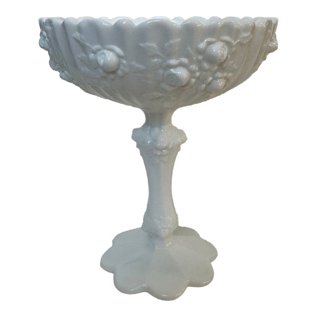 Vintage Milk Glass Pedestal Compote – Roses & Forget-Me-Nots For Sale