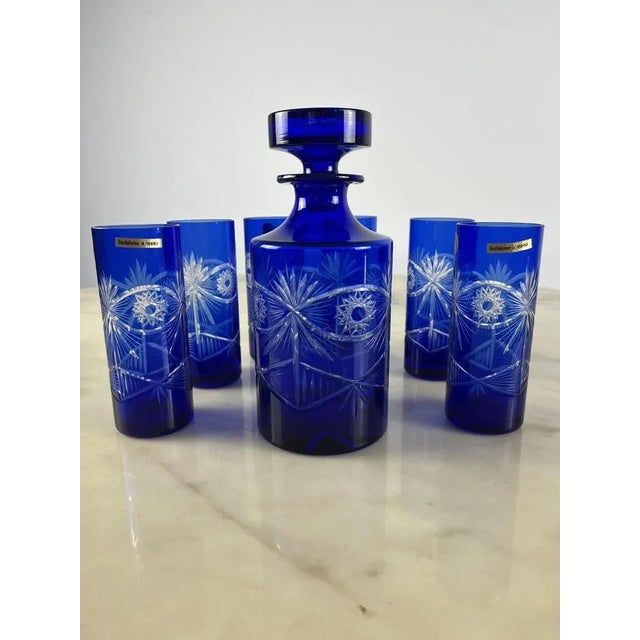 Blue Italian Bottle and Colored Lead Crystal Glasses, 1980, Set of 7 For Sale - Image 8 of 11