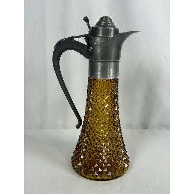 Early 20th Century Antique Diamond Point Amber Glass Ewer Style Pitcher Pewter Lid & Handle-Rare! For Sale - Image 5 of 8