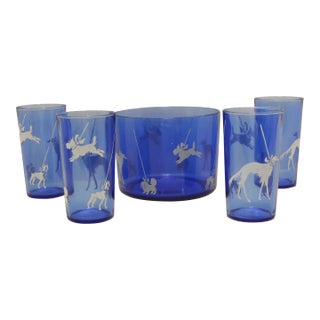 1930s Art Deco Hazel Atlas Cobalt Blue "Dog Show" Barware Set - 5 Piece For Sale