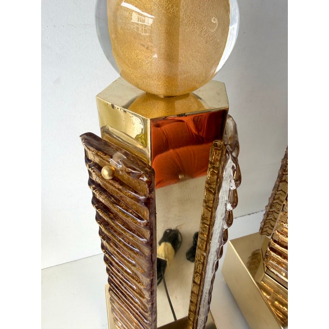 Brass Contemporary Pair of Brass and Murano Glass Blade Robot Lamps, Italy For Sale - Image 8 of 13