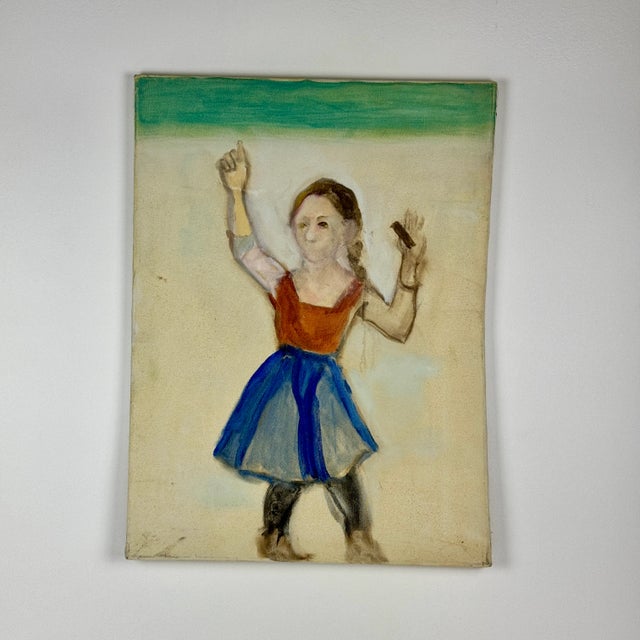 A delightful original art work of an oil on canvas painting depicting a young girl in a red top and blue skirt. It is...