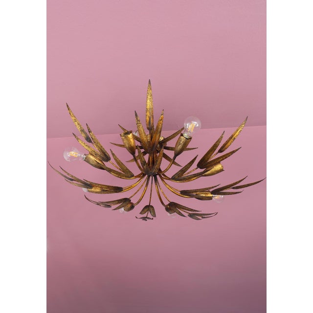 1950s Large Spanish Sunburst Ceiling Fixture in Gilt Iron, 1950s For Sale - Image 5 of 8