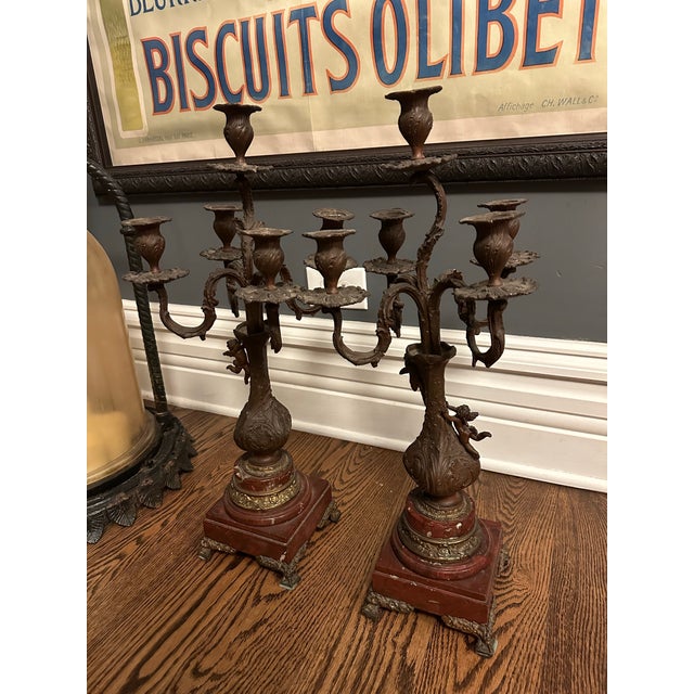 19th Century French Patinated Bronze Spelter and Rouge Griotte Marble Candelabras Garnitures Pair For Sale - Image 4 of 12