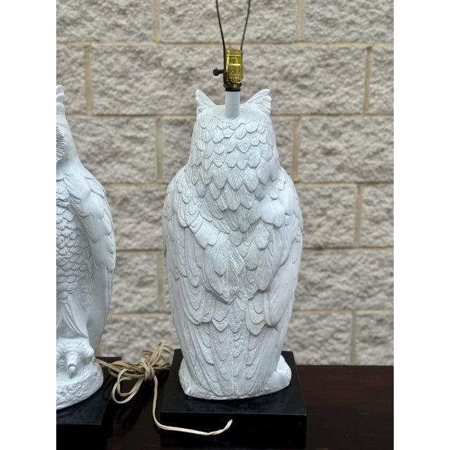 1970s Vintage Hollywood Regency White Ceramic Owl Table Lamps - Pair For Sale - Image 5 of 12