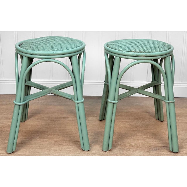 Chinoiserie Vintage Coastal Rattan Turquoise Round Wicker Stools - A Pair For Sale - Image 3 of 13
