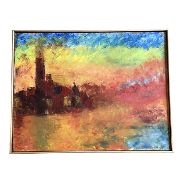 Original 1960’s Abstract Cityscape Painting Framed For Sale