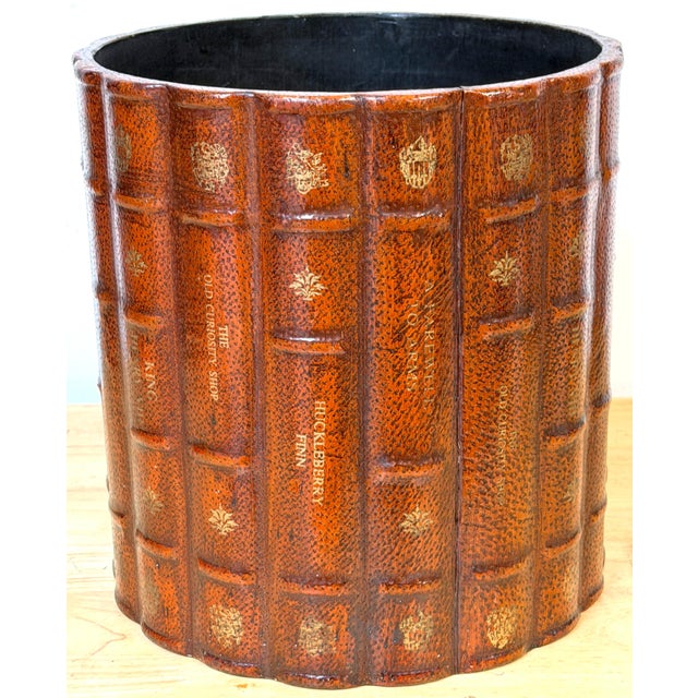 Late 20th Century Italian Neoclassical Gilt Leather Book Motif Wastepaper Basket, 20th Century For Sale - Image 5 of 18
