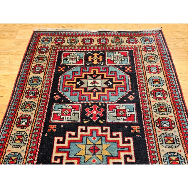Vintage Persian Kurdish Rug, Hand-Knotted Wool, Geometric Pattern, Navy & Tan, 3x5 For Sale - Image 13 of 18