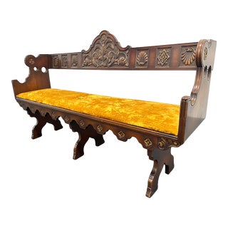 Vintage Spanish Revival Gothic Carved Wood and Upholstered Bench For Sale