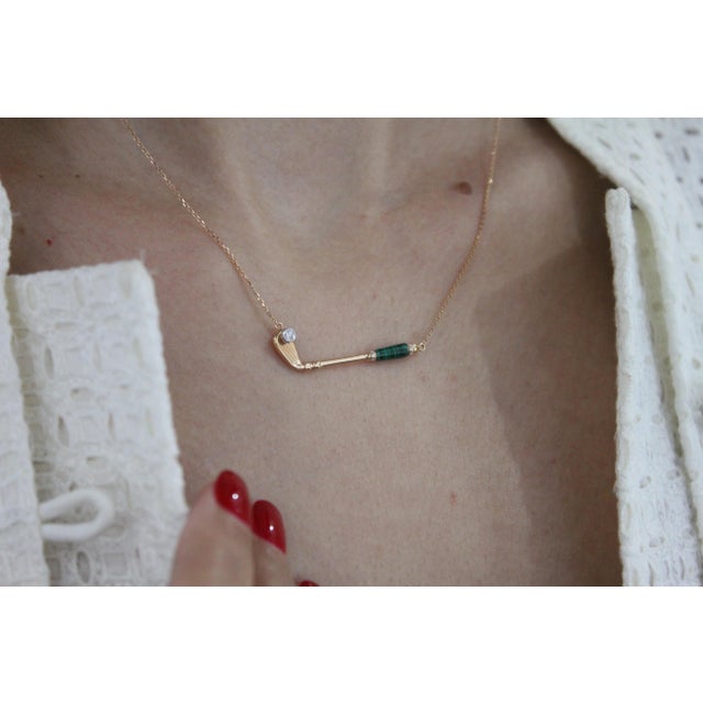 Diamond Malachite Golf Club Birdie Charm 18 Karat Yellow Gold Necklace Pendant For Sale - Image 16 of 18