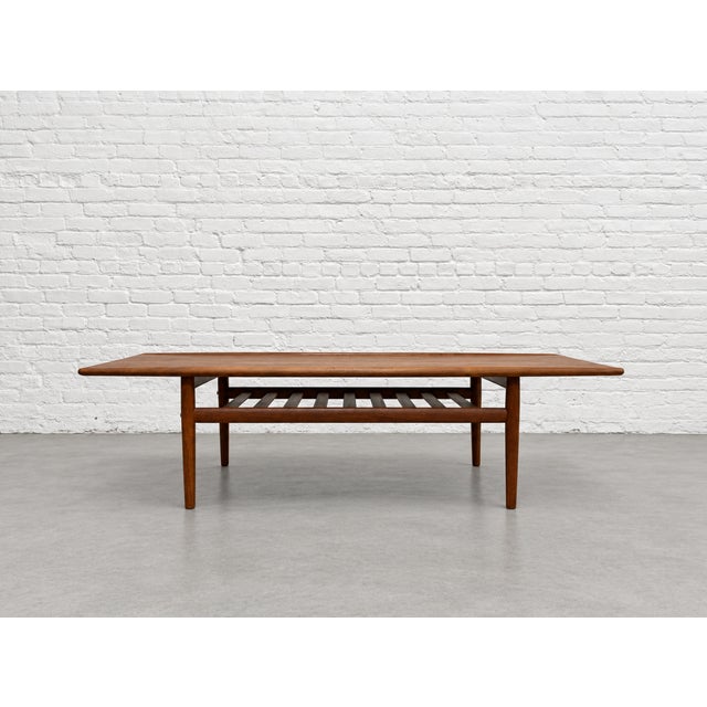 Wood Mid Century Modern Coffee Table by Grete Jalk, C. 1960’s | Upturned Edges & Slatted Magazine Rack For Sale - Image 7 of 13