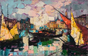 'Venetian Capriccio' by Girard, Gondolas, Basilica of St. Mark, Campanile, Modernist Oil
