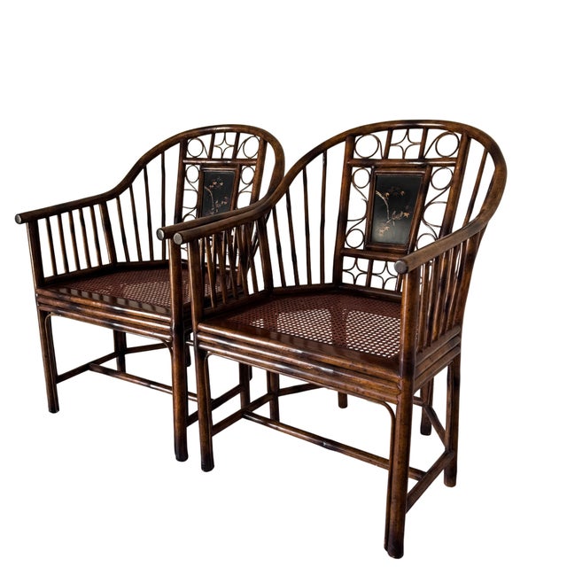 Burnt Umber Late 20th Century Attributed to Theodore Alexander Chinoiserie Bamboo Pavilion Armchairs With Custom Silk Down Cushions For Sale - Image 8 of 16