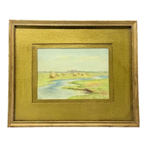 Antique American School Hayfield by the River Watercolor - Signed