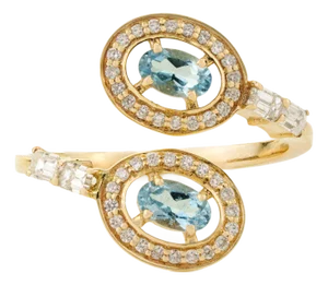 14k Gold Handmade Natural Aquamarine & Diamond Bypass Wrap Ring Size 4
