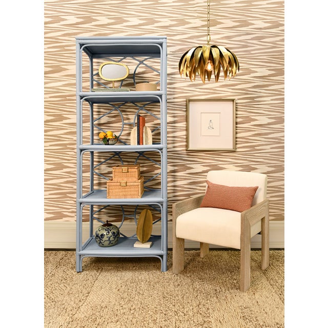 Mid-Century Modern Matthew Izzo Home Danielle Light Blue Rattan Four Shelf Etagere With Decorative Back For Sale - Image 3 of 8