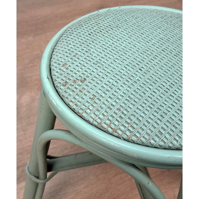 Vintage Coastal Rattan Turquoise Round Wicker Stools - A Pair For Sale - Image 11 of 13