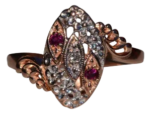 The Northwick: Ladies Rose Gold Navette Ring set with Rubies and Diamonds