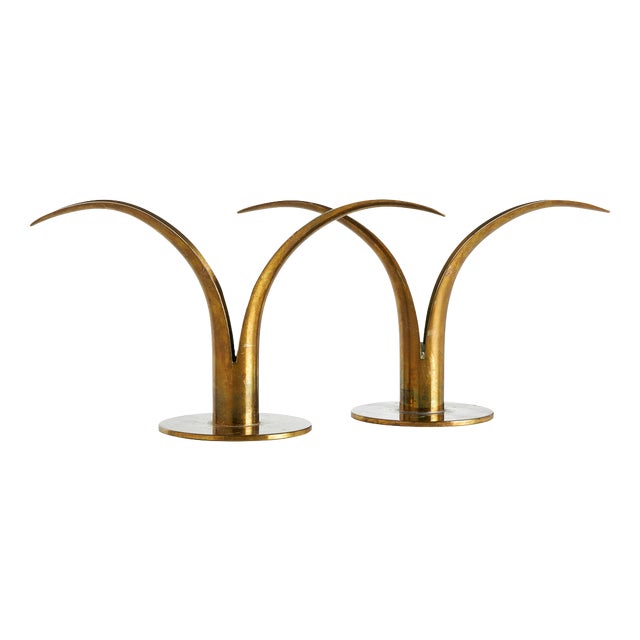 Liljan Brass Candlesticks by Ivar Åhlenius Björk for Ystad Metall, Sweden, 1940s, Set of 2 For Sale