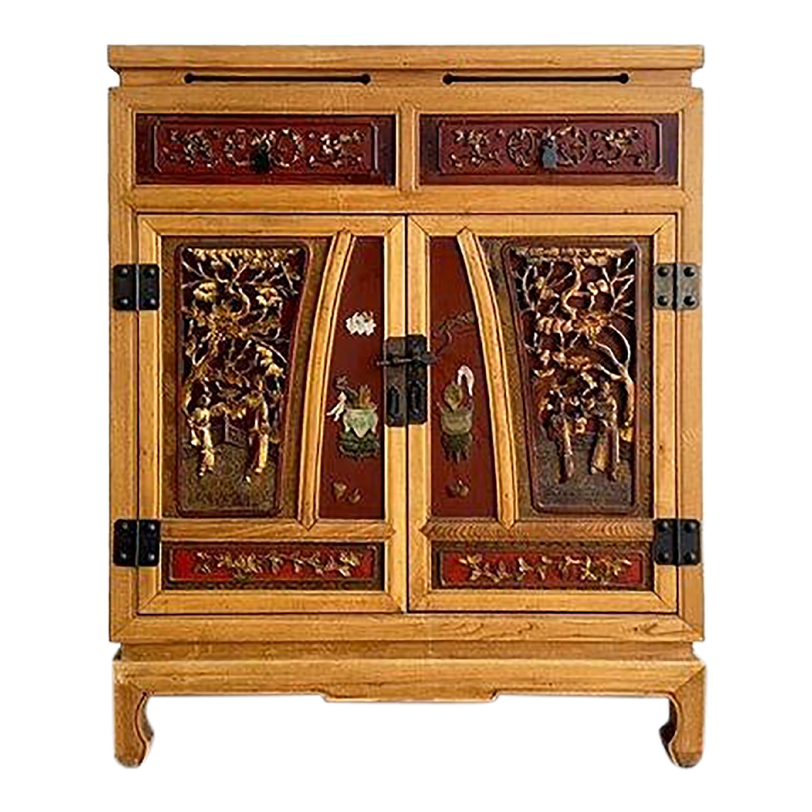 1980s Vintage Chinese Console Cabinet With Carved Wood Paneled Doors ...