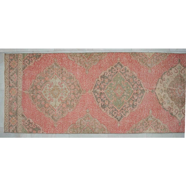 Distressed Oushak Runner Rug Faded Colors Low Pile Pink Hallway Decor - 2'9″x 12'3″ For Sale - Image 9 of 13