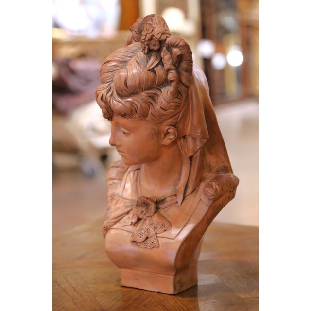 French 19th Century French Terracotta Bust of a Young Woman Signed Adolphe Lavergne For Sale - Image 3 of 9