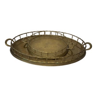 Brass Faux Bamboo Handled Serving Drinks Trays 1950s - Pair For Sale