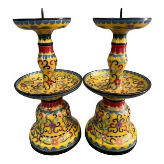 Pair of Tall Vintage Yellow Cloisonné Enamel Altar Candlesticks For Sale