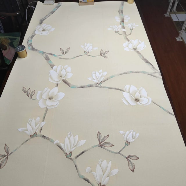 Chinoiserie 21st Century Magnolia Hand Painted Artwork on Tea Paper Wallpaper Panel - 3 Panels For Sale - Image 3 of 4
