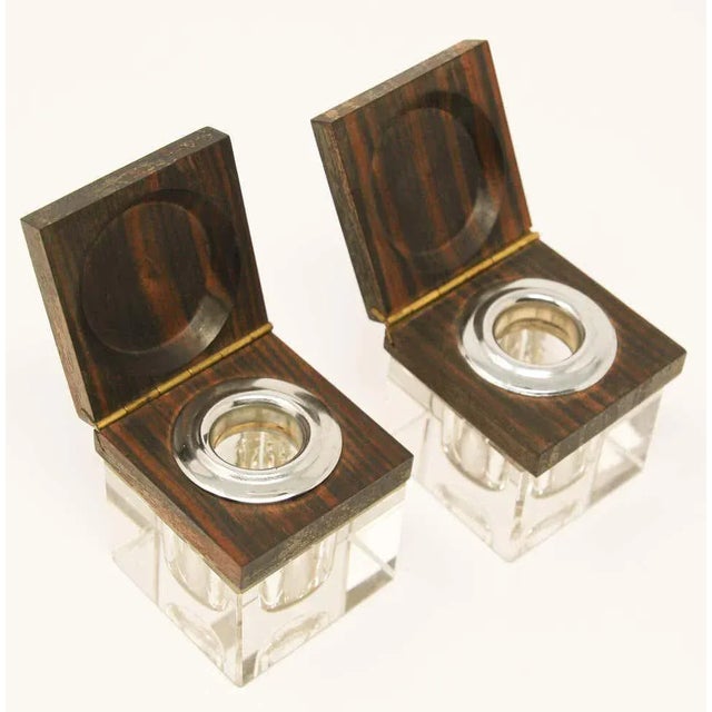 Art Deco Inkwells in Macassar Wood and Crystal, Jacques Adnet Style For Sale - Image 9 of 13