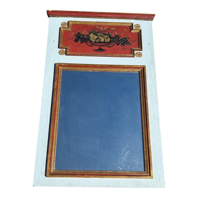 Late 19th C. Trumeau Mirror - Handpainted Classical Details With Gilt Relief and Unusual Colors For Sale