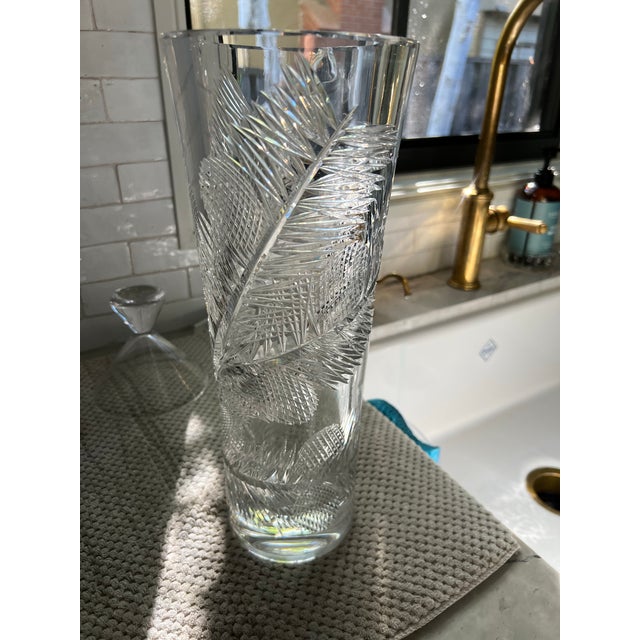 Rare designer crystal vase with deeply cut floral decor of a coniferous tree and pine cones. Luxurious hand-cut very solid...