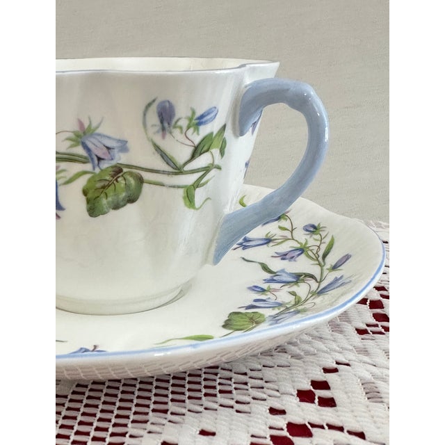 Victorian 1950s Shelley Harebell Blue Tea Cup & Saucer: Dainty English Bone China Teacup For Sale - Image 3 of 7