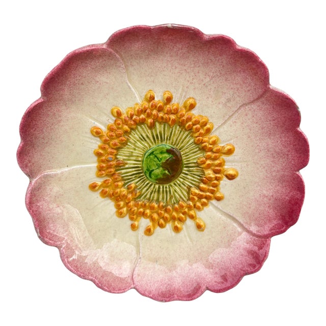 French Majolica Wild Rose Plate Delphin Massier Circa 1890 For Sale