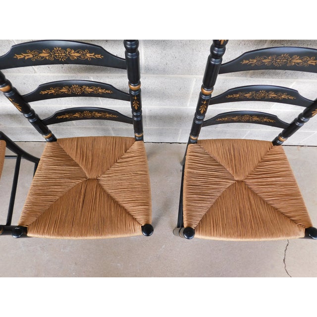 Wood L Hitchcock Harvest Stenciled Black Ladder Back Rush Bottom Dining Chairs - Set of 8 For Sale - Image 7 of 18
