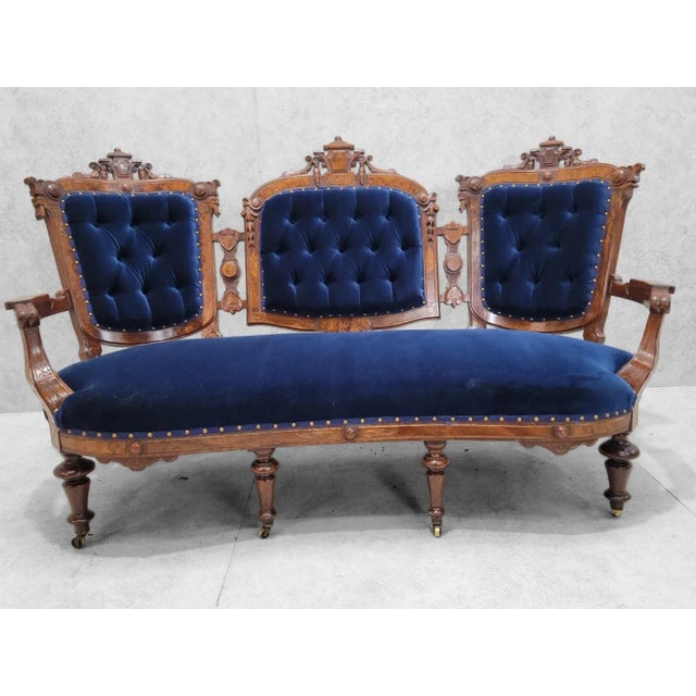 Antique Victorian Eastlake Style Carved Tufted Parlor Settee Newly Reupholstered in Blue Velvet For Sale - Image 9 of 11
