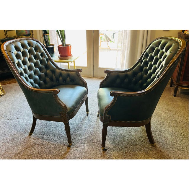 1990s Pair of Hancock & Moore Classic Tufted Leather Bergere Chairs For Sale - Image 5 of 11