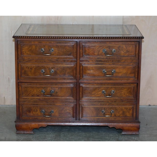 Hollywood Regency Burr Elm with Green Leather Top Four Drawer Filing Cabinet Part of Office Suite For Sale - Image 3 of 16