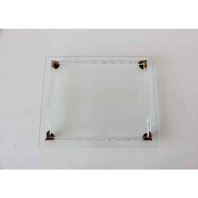 Art Deco-style Vanity Mirrored Tray, Unsigned. Murano-style lanyard rail framing on the tray edge with brass corner...