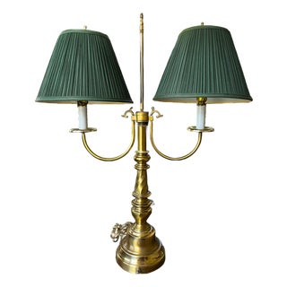 Monumental Vintage Brass Bouillotte Table Lamp With Custom Hunter Green Pleated Shades — Ralph Lauren / Visual Comfort For Sale
