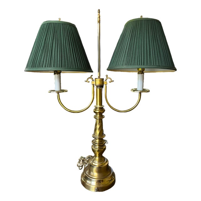 Monumental Vintage Brass Bouillotte Table Lamp With Custom Hunter Green Pleated Shades — Ralph Lauren / Visual Comfort For Sale