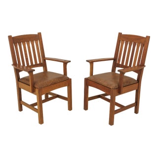 Pair Stickley Mission Cherry Slat Back Armchairs For Sale