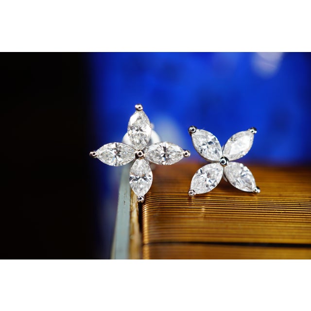 Marquise Cut Diamond Flower Platinum Stud Earrings 1.62 Carat For Sale In New York - Image 6 of 7