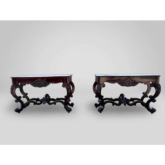 20th Century Louis Philippe Console Tables with White Marble Tops, 1890s, Set of 2 For Sale - Image 9 of 12