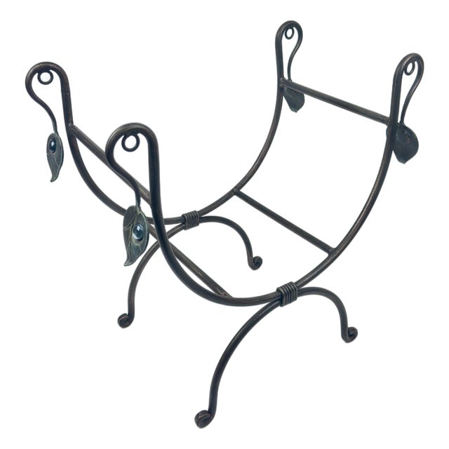 Hand Forged Iron Log Holder (51cm) Antique Copper Leaf Design Firewood Rack For Sale