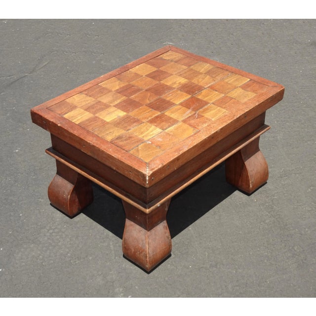 Vintage French Country Oak Checkered Brown Footstool For Sale - Image 4 of 12